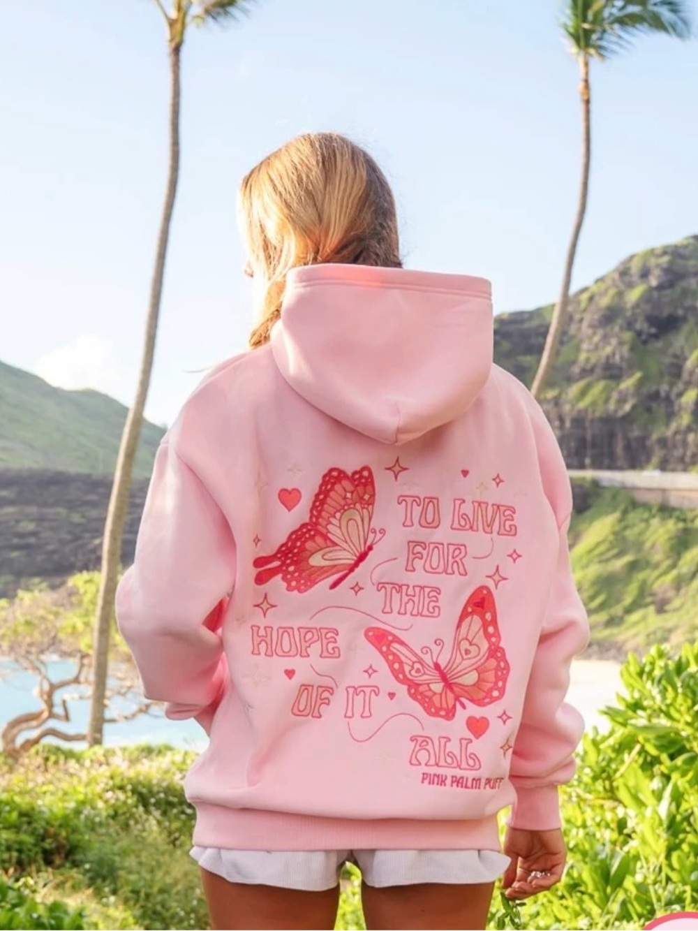 Pink Palm Puff Hoodie To Live For The Hope of it All Embroidered Pink Large